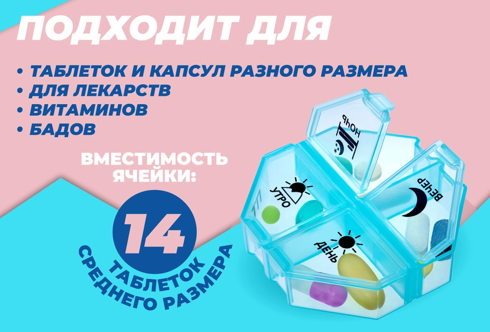 Подходит для таблеток и капсул разного размера и формы