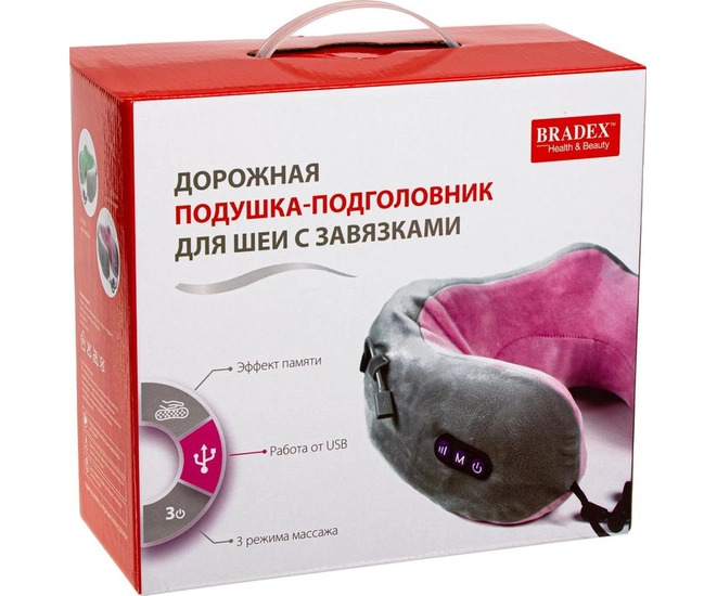 Подушка-подголовник, BRADEX, дорожная, для шеи с завязками, серо-розовая фото #11