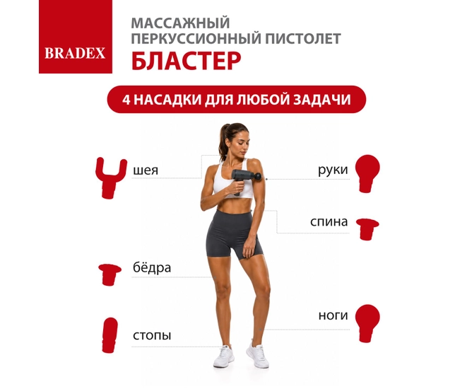 Массажный перкуссионный пистолет БЛАСТЕР, 4 насадки фото №10
