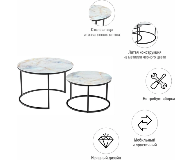 Набор кофейных столиков Tango стекло с фотопечатью бежевый мрамор с чёрными ножками, 2шт фото #12