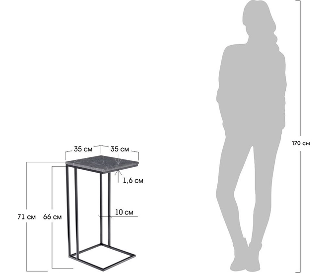 Придиванный столик Loft 35x35см, серый мрамор с чёрными ножками фото #8