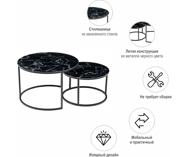 Набор кофейных столиков Tango чёрный мрамор (стекло с фотопечатью) с чёрными ножками, 2шт фото #11