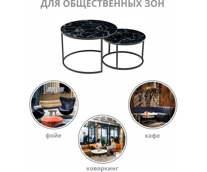 Набор кофейных столиков Tango чёрный мрамор (стекло с фотопечатью) с чёрными ножками, 2шт фото #12