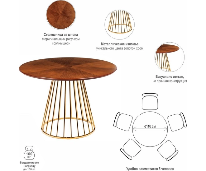 Стол Liverpool 110 см, шпон орех "солнышко", золотистые ножки фото #9
