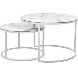 Набор кофейных столиков Tango белый мрамор (стекло с фотопечатью) с белыми ножками, 2шт