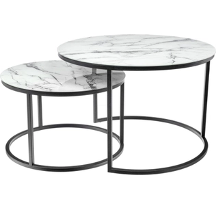 Набор кофейных столиков Tango белый мрамор (стекло с фотопечатью) с чёрными ножками, 2шт