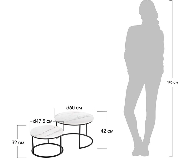 Набор кофейных столиков Tango светло-серый мрамор, чёрные ножки, 2шт фото #16