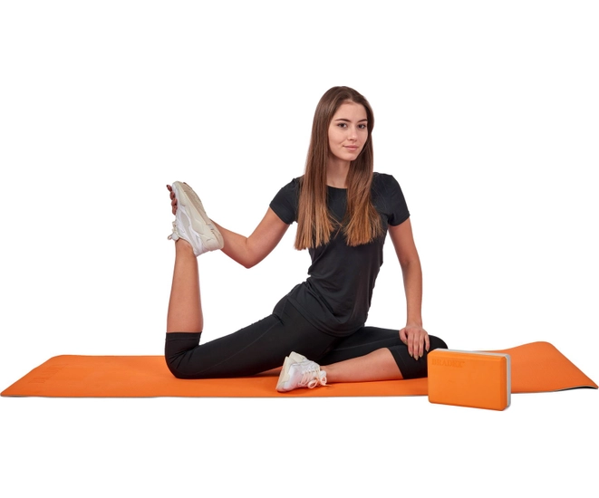 Коврик для йоги и фитнеса 183*61*0,6 TPE двухслойный оранжевый/серый фото #8