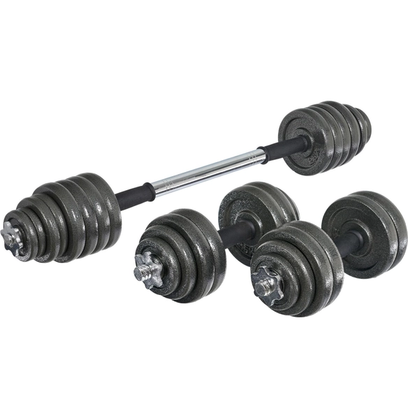 Набор гантелей и гриф для штанги, 30 кг, пластиковый кейс