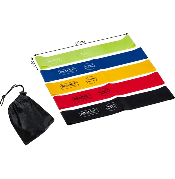 Набор из 5-ти фитнес-резинок, нагрузка до 4; 5,5; 7; 9; 11 кг