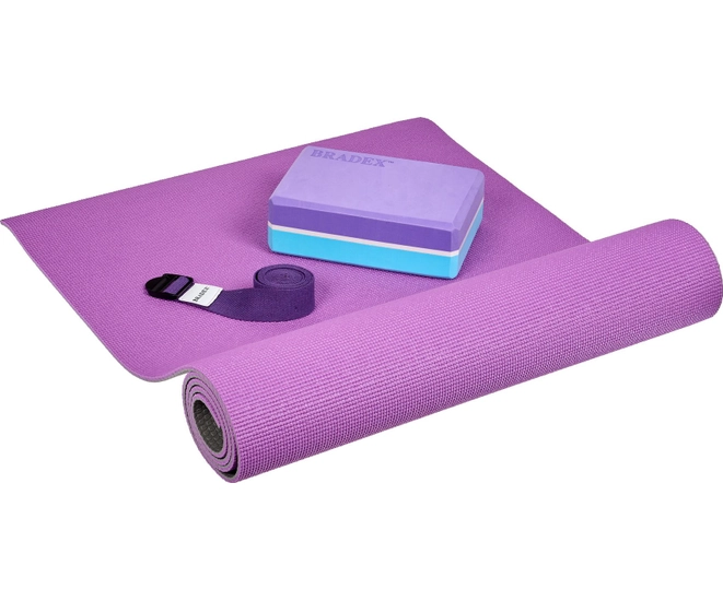 Коврик для йоги и фитнеса, 173*61*0,6 см, двухслойный фиолетовый/серый с чехлом фото #7